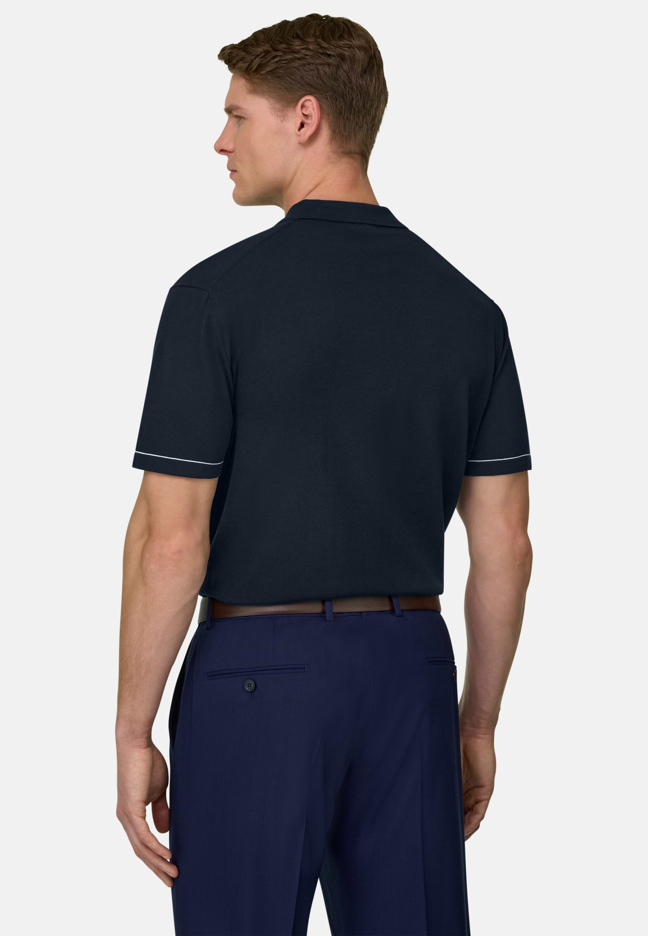 Men's Cotton Crêpe Knit Polo Shirt, Navy blue | Boggi Milano