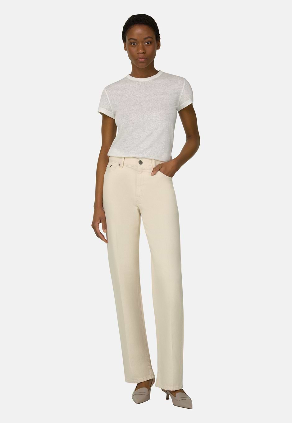 T-shirt in Stretch Linen, White, hi-res