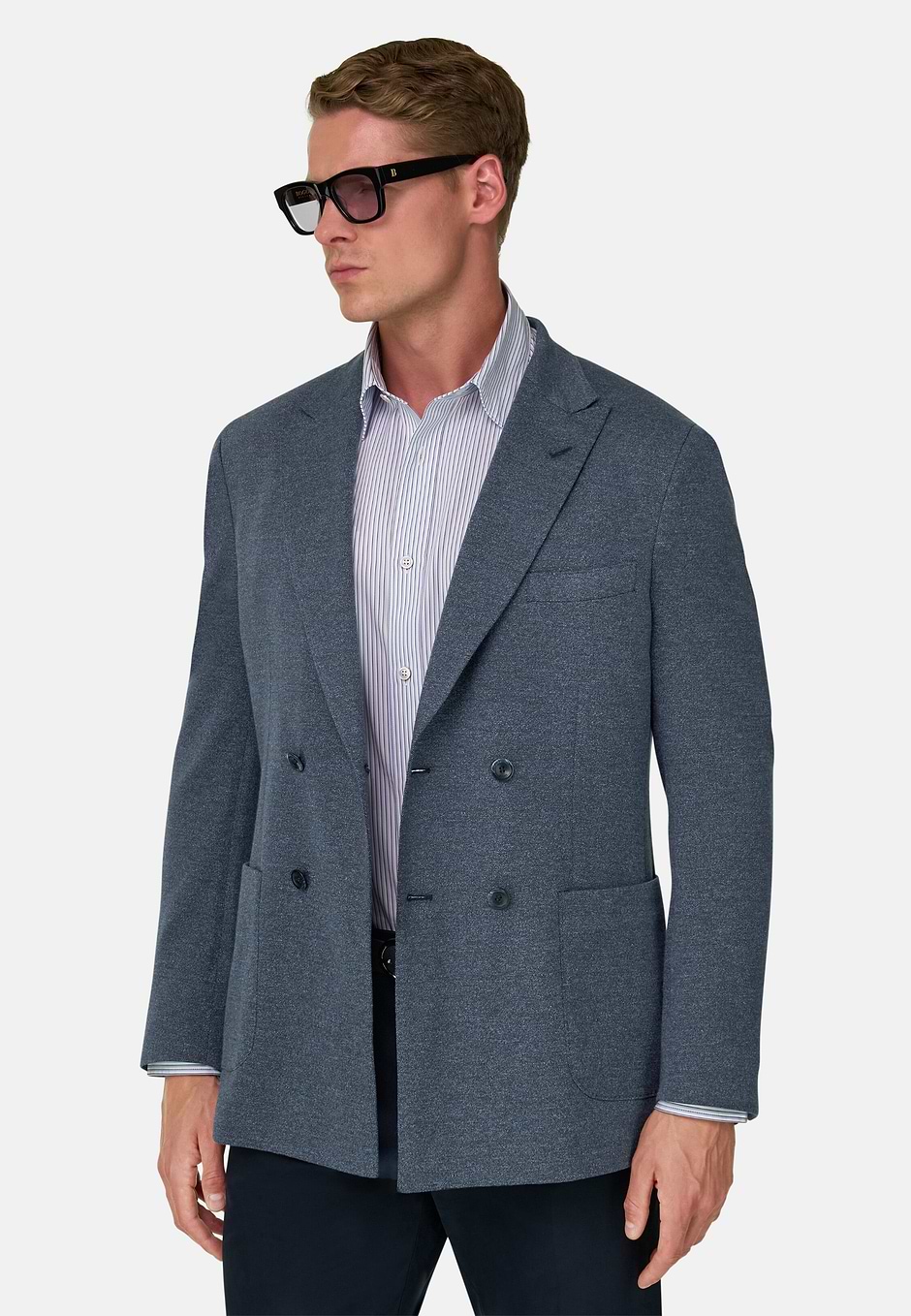 BROOKLYN | Double-Breasted Micro Patterned Blazer in Cotton and Wool, Indigo, hi-res