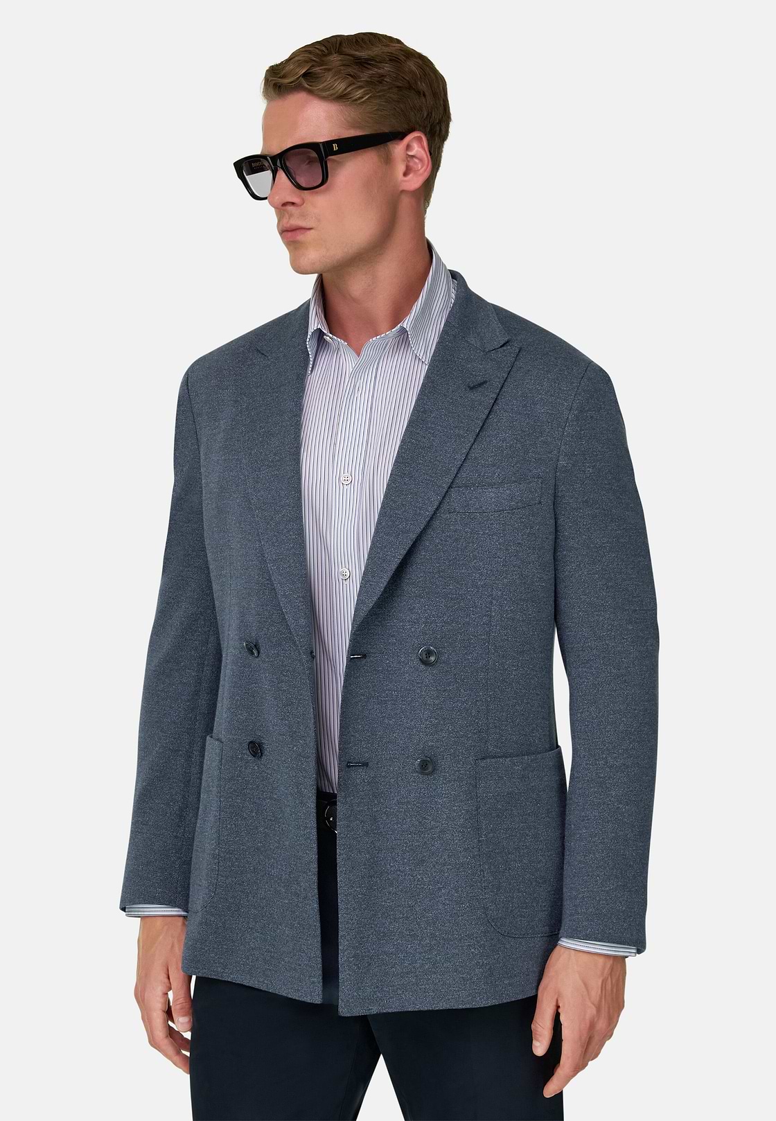 BROOKLYN | Double-Breasted Micro Patterned Blazer in Cotton and Wool, Indigo, hi-res, 1