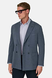 BROOKLYN | Double-Breasted Micro Patterned Blazer in Cotton and Wool, Indigo, thumb, 1