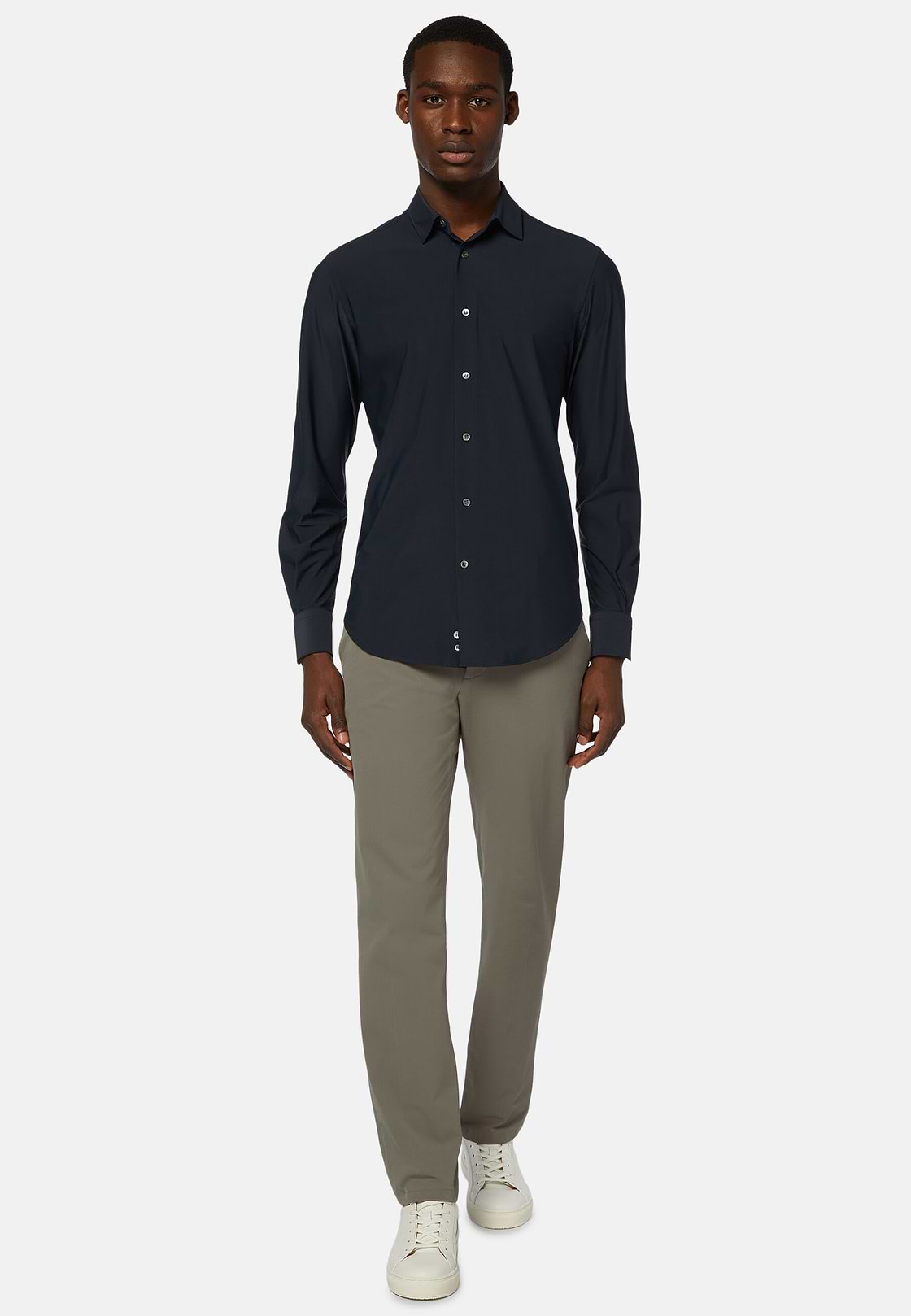 Chemise Bleu Marine En Nylon Stretch Slim Fit, bleu marine, hi-res