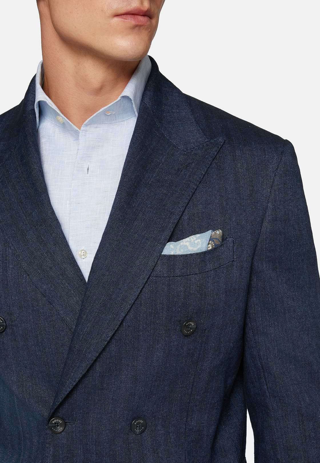 Navy Double-Breasted Suit In Cotton Linen, Navy blue, hi-res