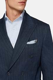 Navy Double-Breasted Suit In Cotton Linen, Navy blue, hi-res