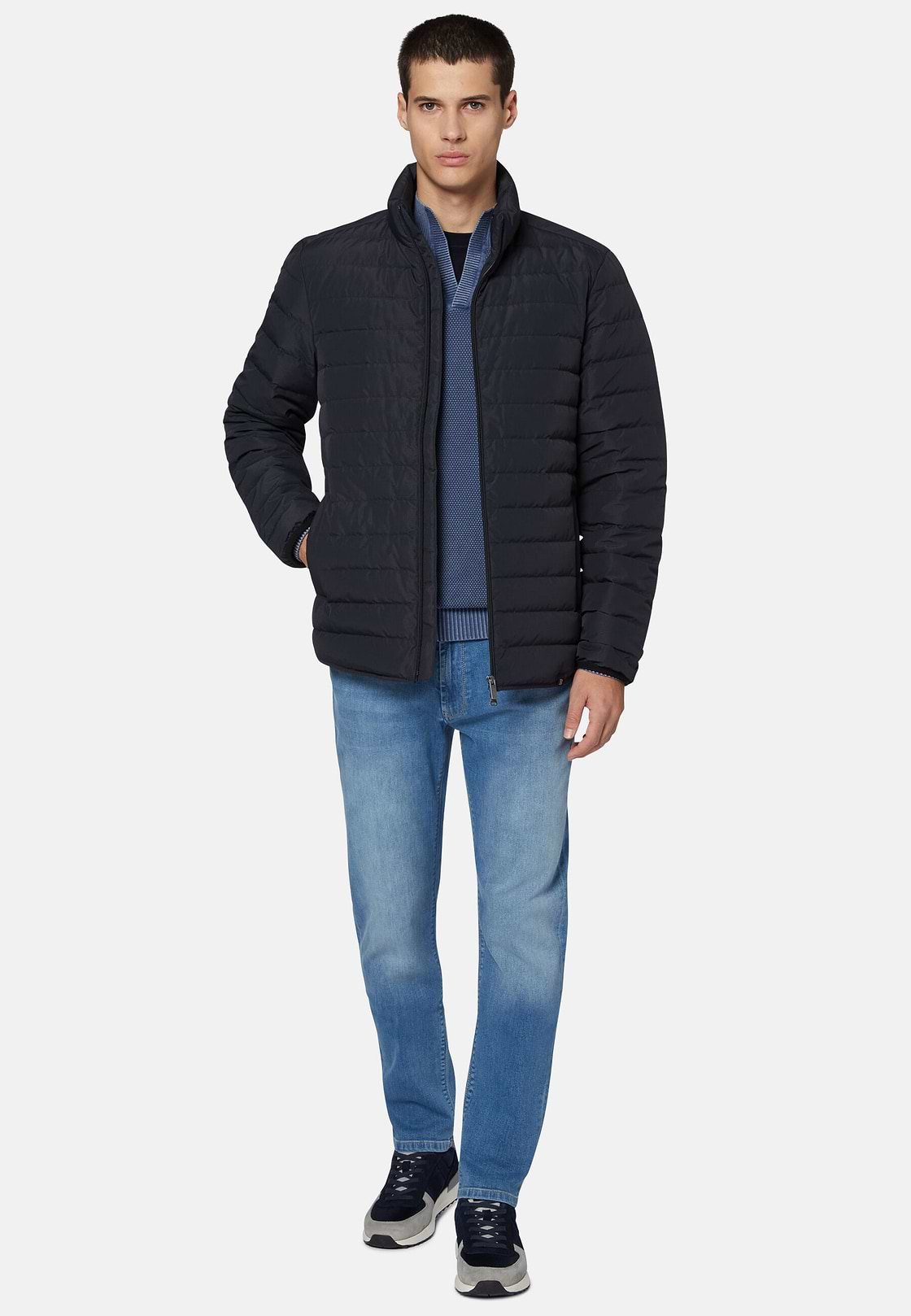 Quilted Nylon Real Down Bomber Style Sempione, Navy blue, hi-res