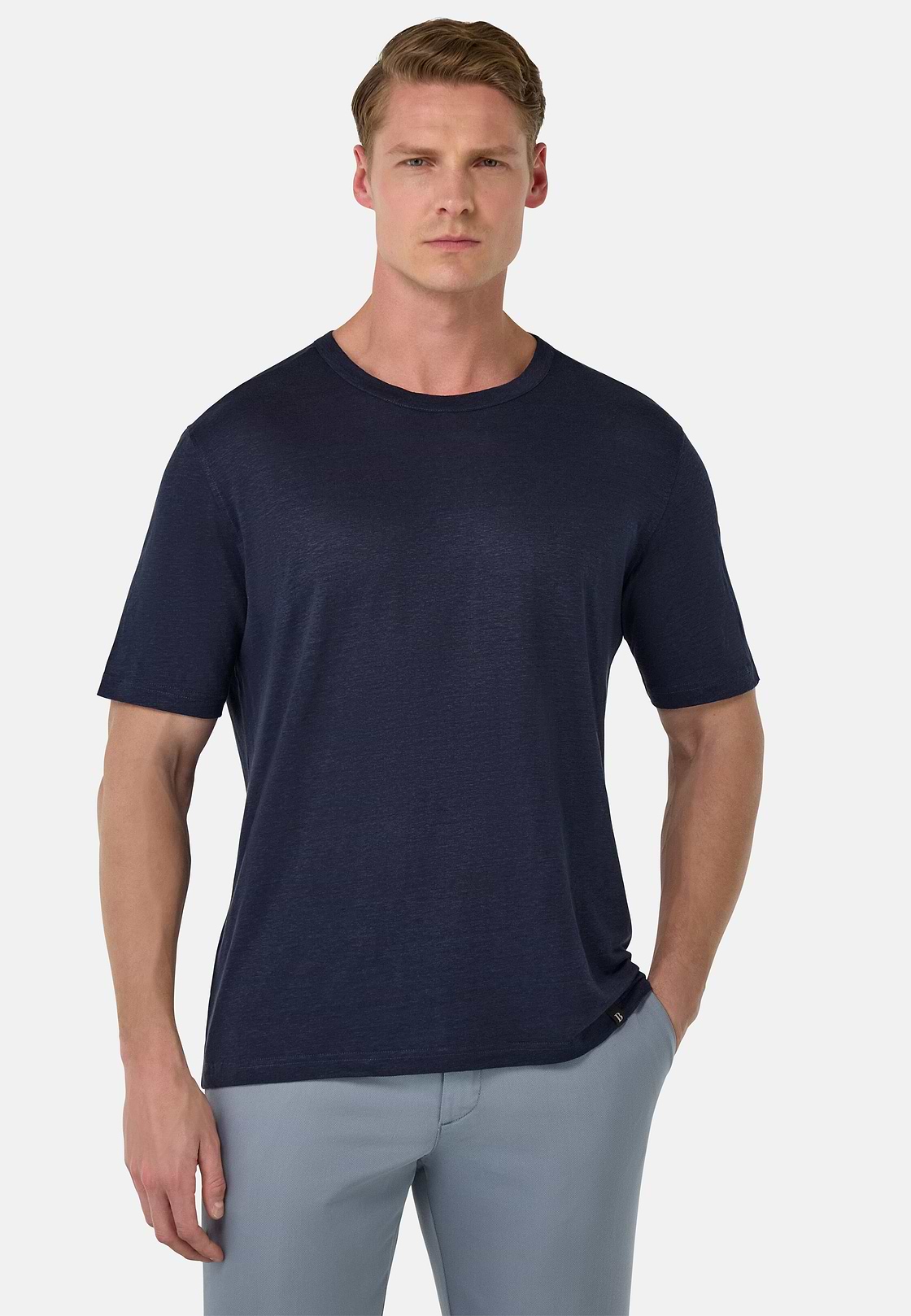 T-Shirt in Stretch Linen Jersey, Navy blue, hi-res