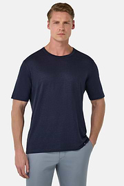 T-Shirt in Stretch Linen Jersey, Navy blue, hi-res