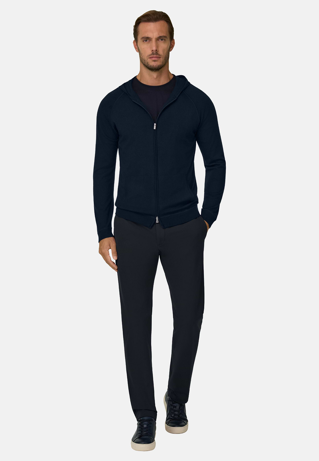 Full Zip Hooded Jumper in Superfine Merino Wool, Navy blue, hi-res, 2
