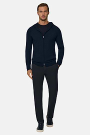Full Zip Hooded Jumper in Superfine Merino Wool, Navy blue, thumb, 2