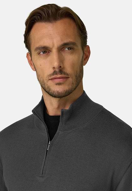 Quarter-Zip Jumper in Extrafine Merino Wool, Military Green, hi-res