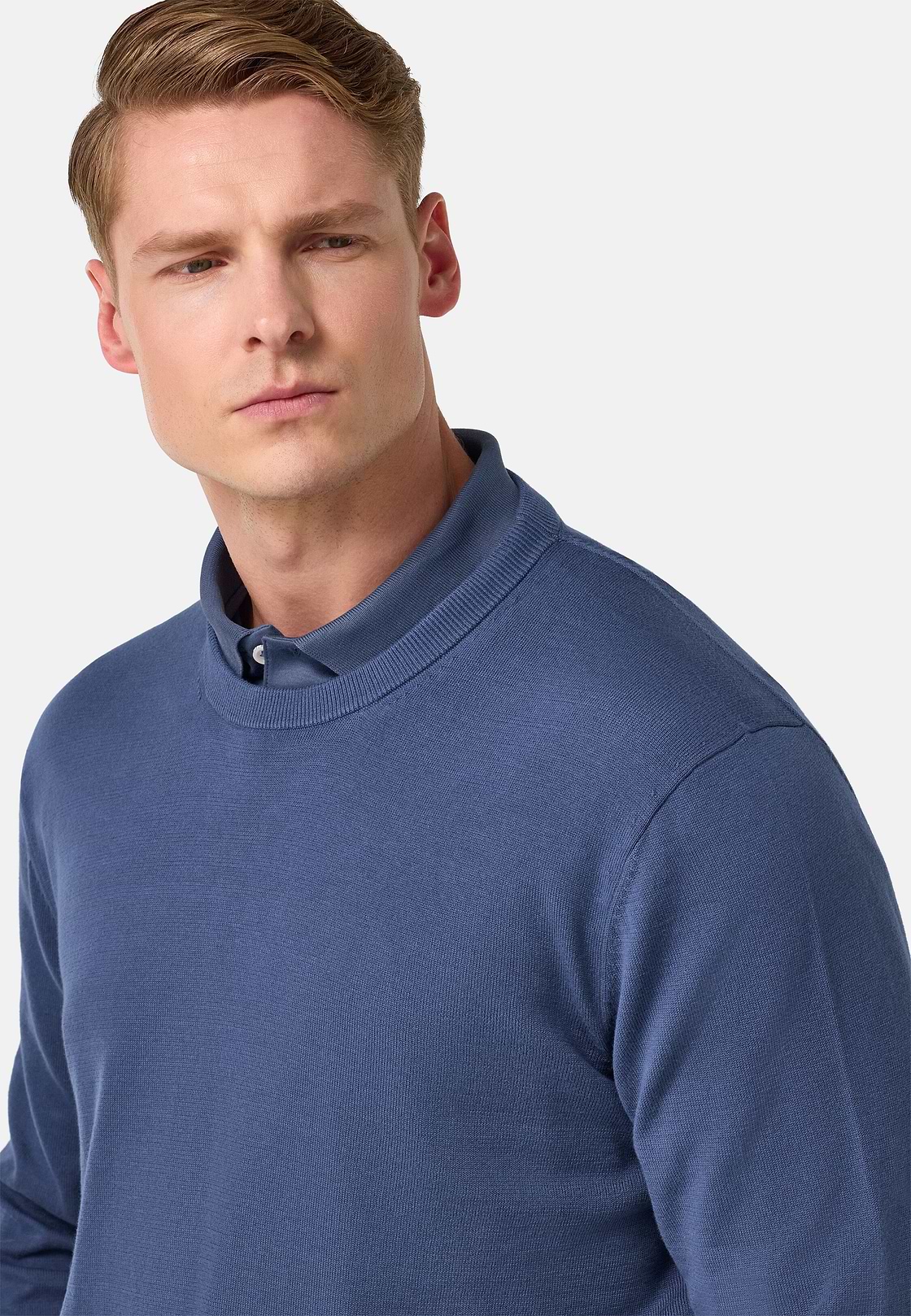 Cotton Crew Neck Jumper, Indigo, hi-res