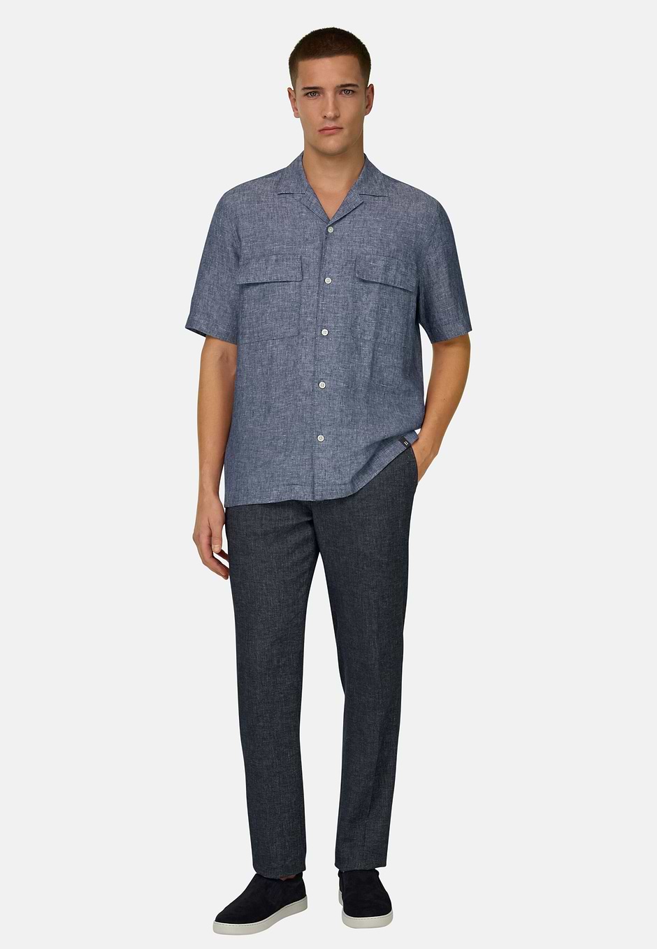 Camisa de Denim de Lino y Algodón, Azul, hi-res