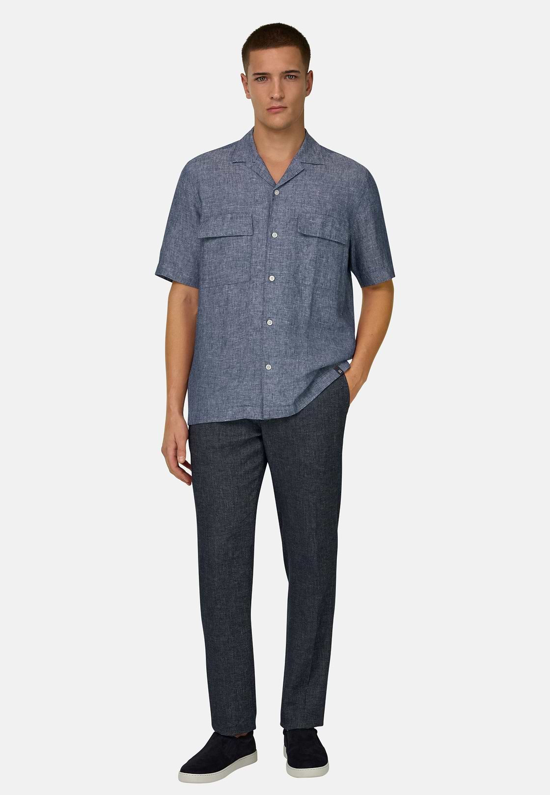 Camicia In Denim Di Lino Cotone, Blu, hi-res, 2