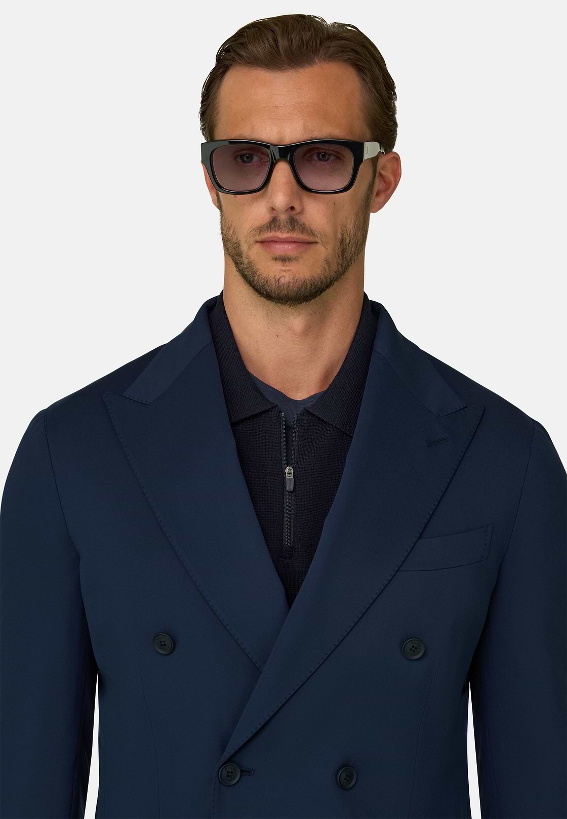 Blazer Double-Breasted Structured Stretch Nylon B Tech, Navy blue, hi-res, 3
