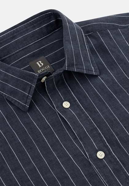 Koszula lniana, klasyczny fason, Navy blue, hi-res
