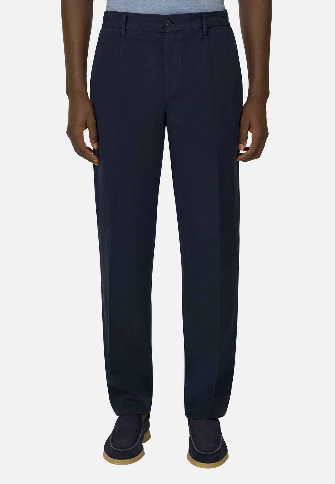 Pantaloni In Cotone Lino, Navy, hi-res, 1