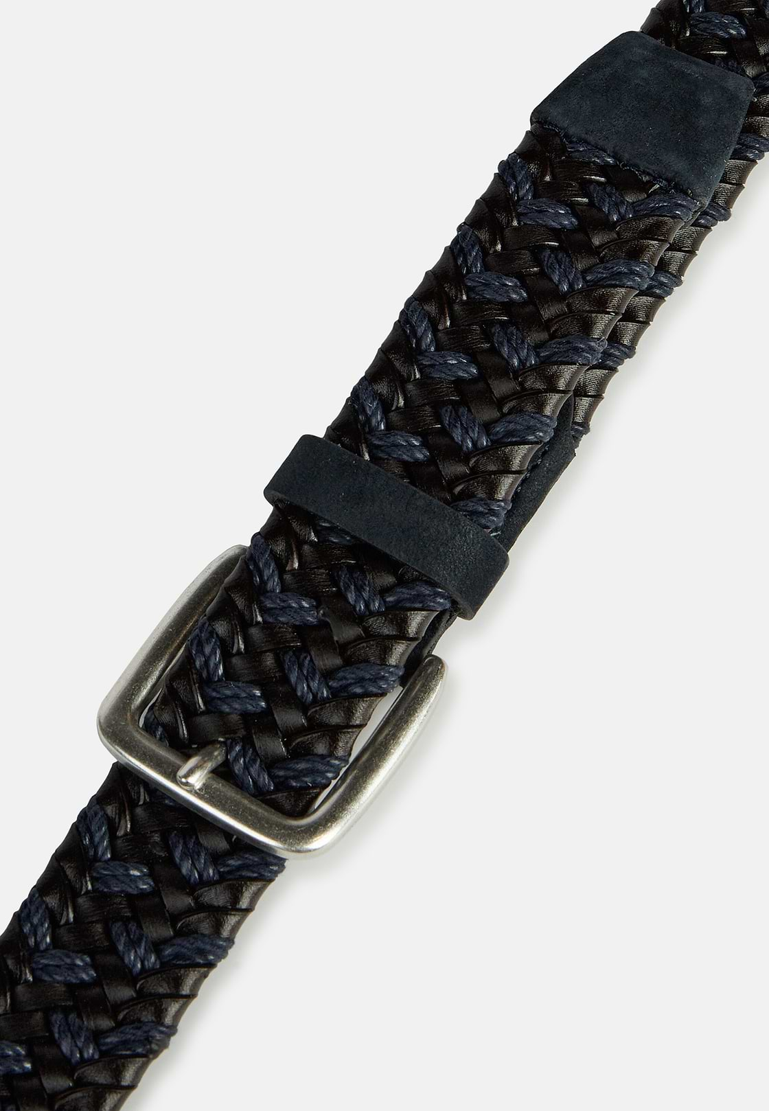 Stretch Leather/Fabric Woven Belt, Navy blue, hi-res