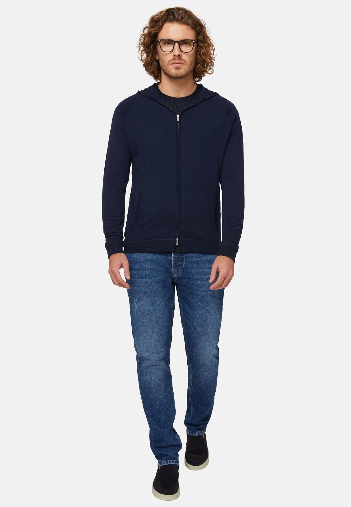 Navy Full Zip Hooded Jumper In Merino Wool, Navy blue, hi-res