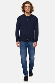 Navy Full Zip Hooded Jumper In Merino Wool, Navy blue, hi-res