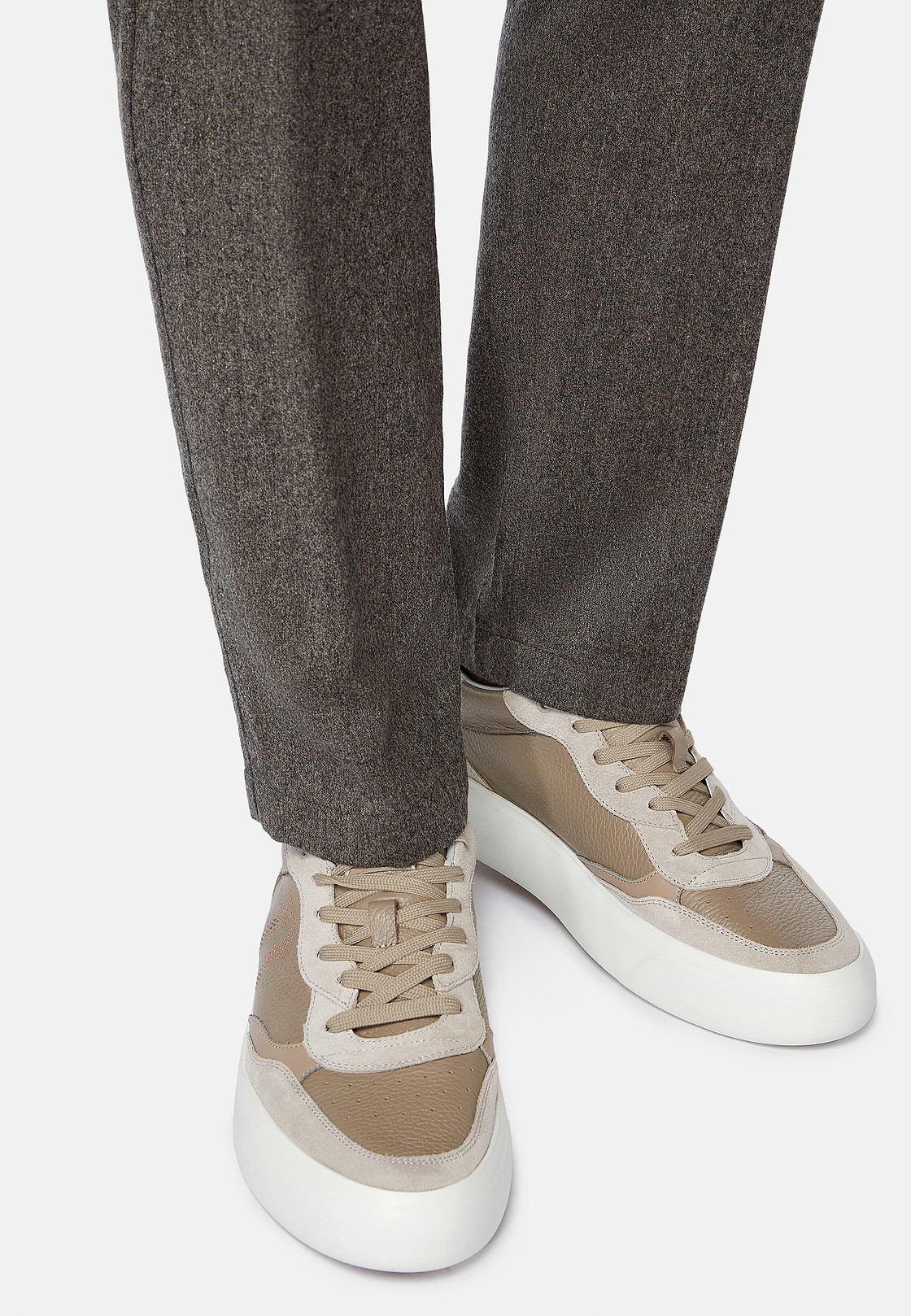 Sneakers En Cuir Foulonné Avec Logo, Taupe, hi-res
