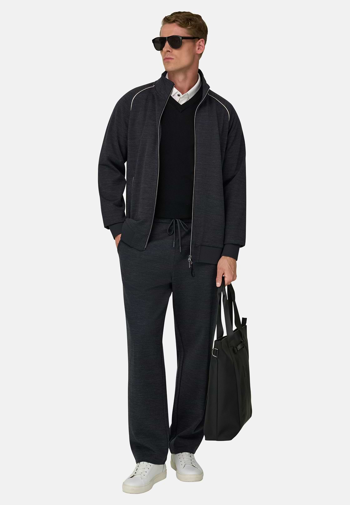 Full-Zip Sweatshirt in Wool Blend Diagonal, Charcoal, hi-res, 2