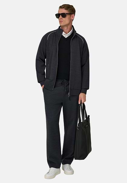 Full-Zip Sweatshirt in Wool Blend Diagonal, Charcoal, hi-res