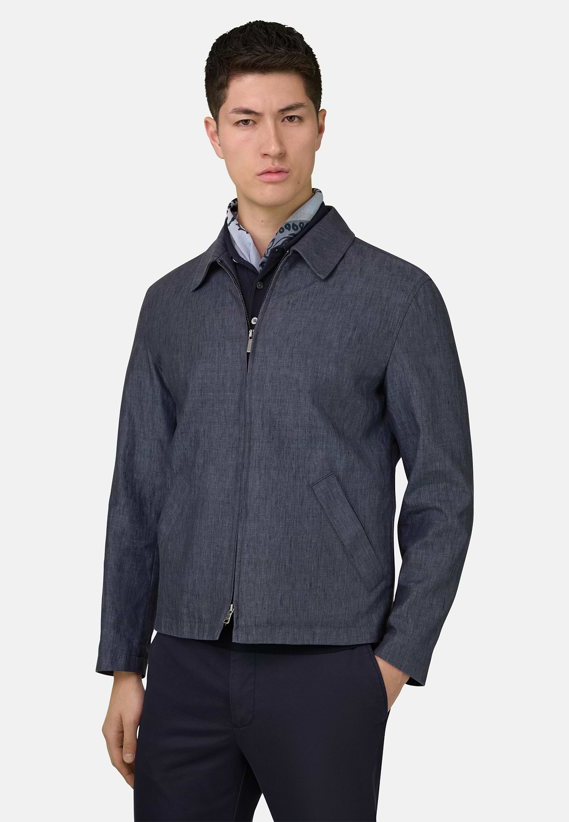 Technical Linen Bomber Jacket, Indigo, hi-res, 2