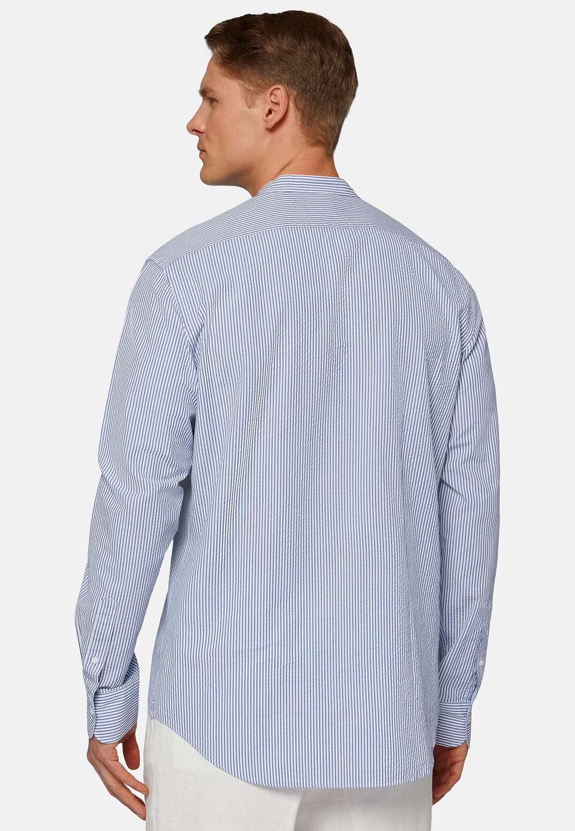 Chemise Bleu Clair À Rayures En Seersucker Coupe Droite, Bleu clair, hi-res