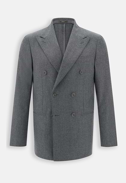 Double-Breasted Wool Flannel Blazer, Grey, hi-res