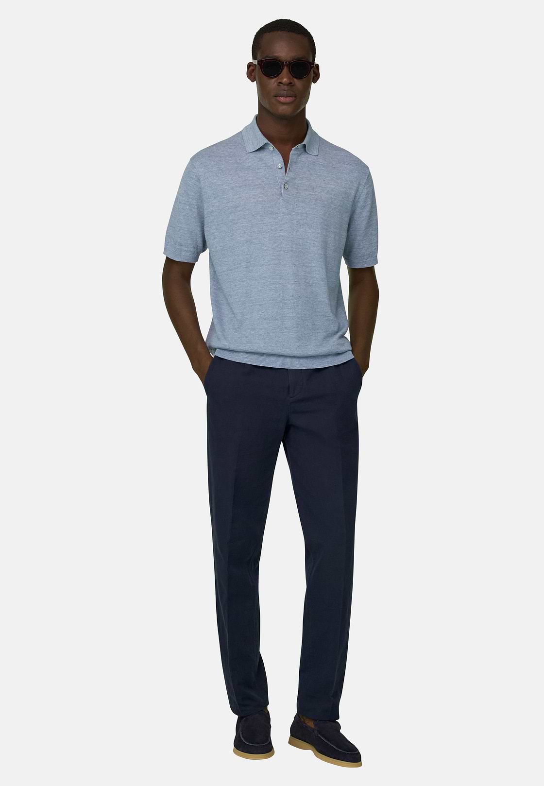 Pantaloni In Cotone Lino, Navy, hi-res, 2