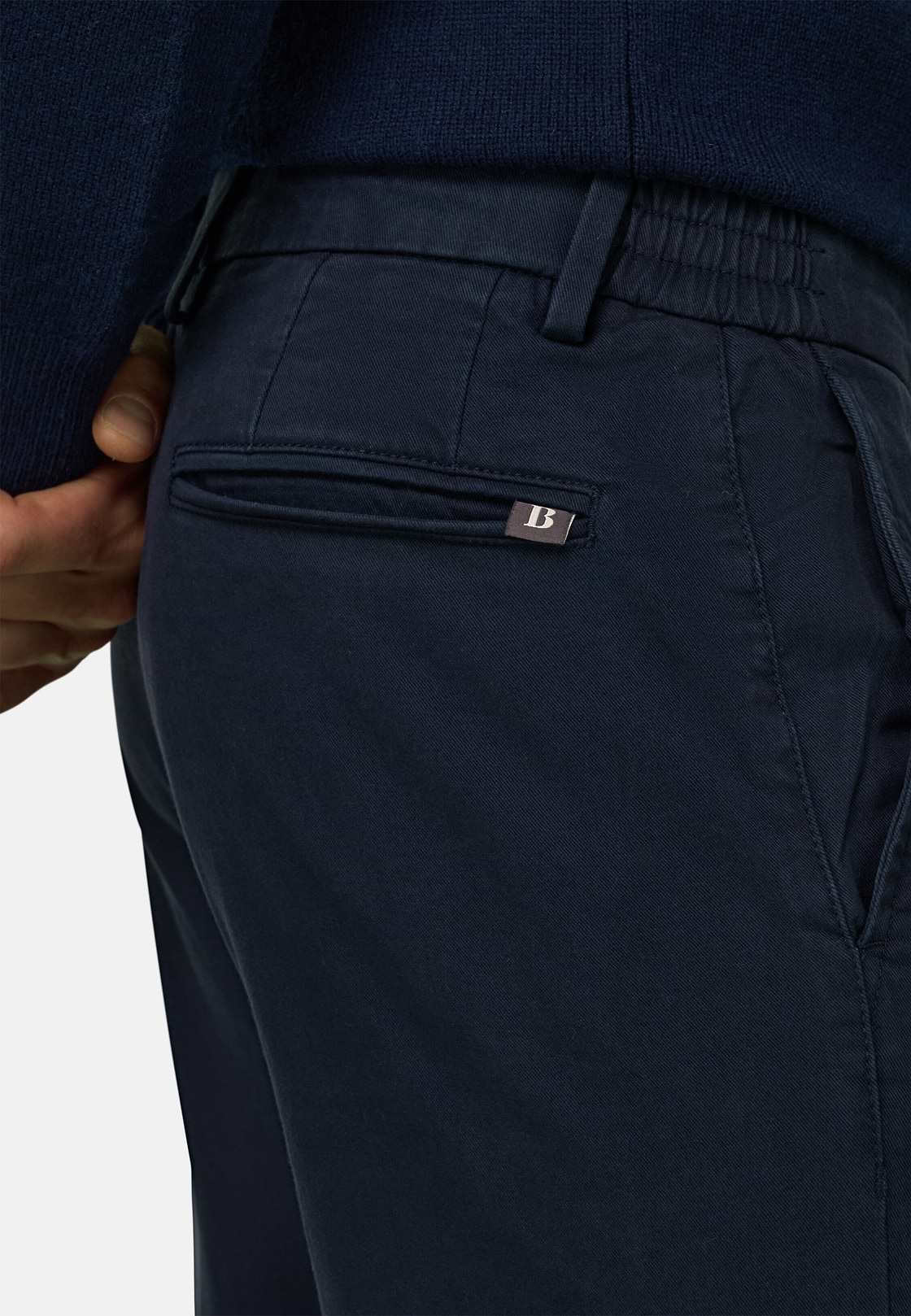 Trousers in Stretch Cotton Tencel, Navy blue, hi-res, 3