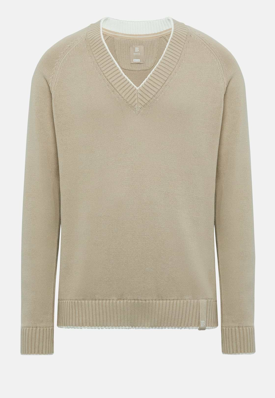 Pull Beige Col En V En Coton Bio, Beige, hi-res