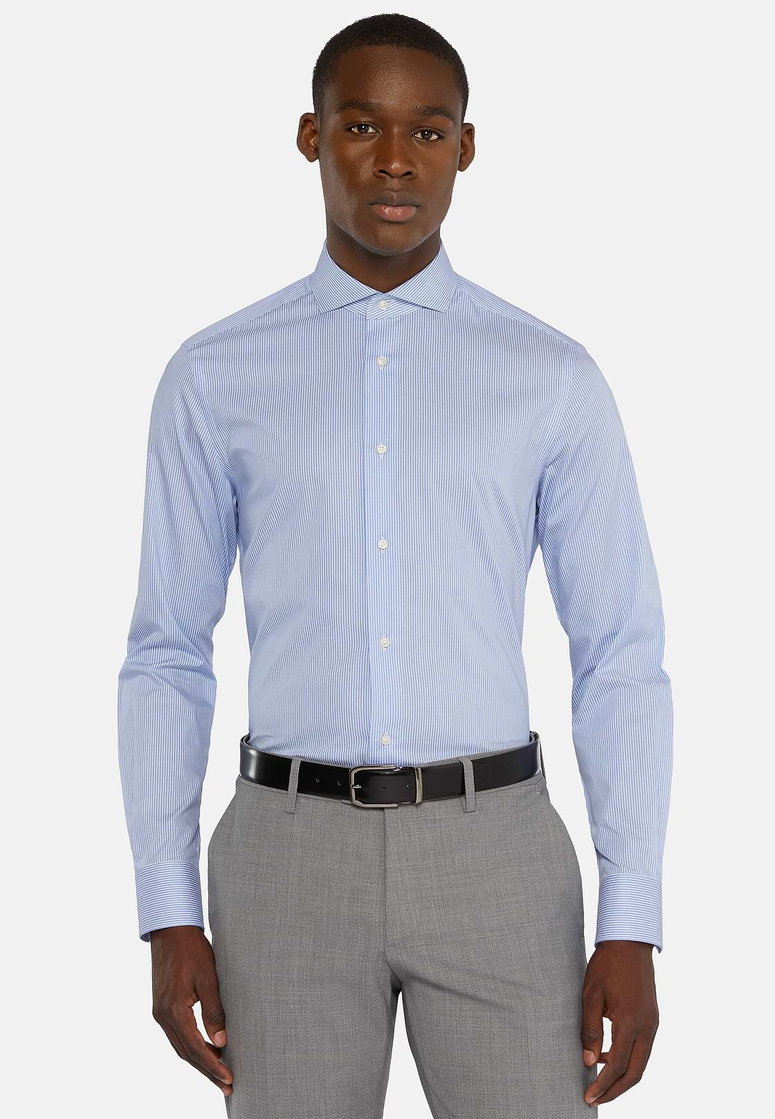 Chemise À Rayures Bleu Ciel En Coton Dobby Slim Fit, Bleu, hi-res