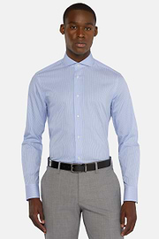 Chemise À Rayures Bleu Ciel En Coton Dobby Slim Fit, Bleu, hi-res