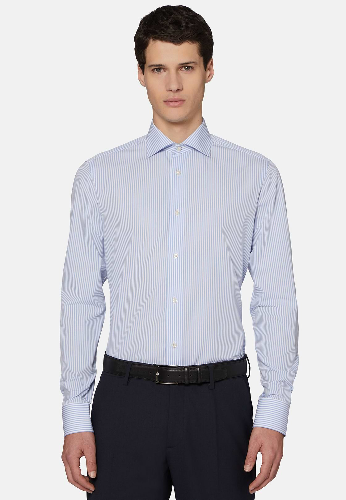 Camicia A Righe Azzurre In Cotone Dobby Slim Fit, Azzurro, hi-res