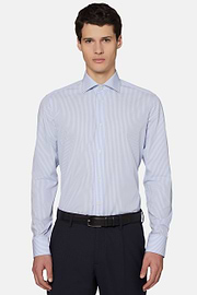 Camicia A Righe Azzurre In Cotone Dobby Slim Fit, Azzurro, hi-res