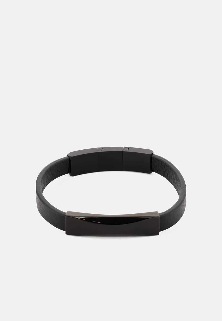 Leather Bracelet With Plate, Black, hi-res