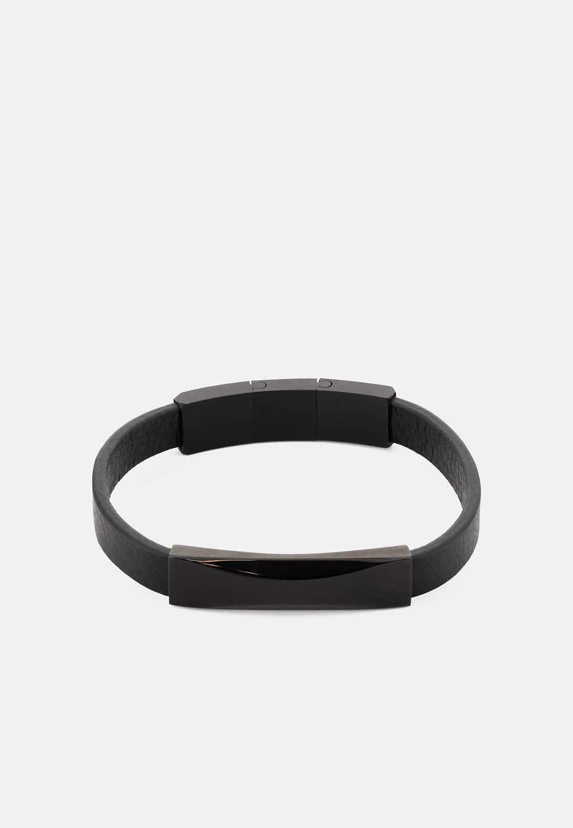 Pulsera De Piel Con Placa, Negro, hi-res, 1