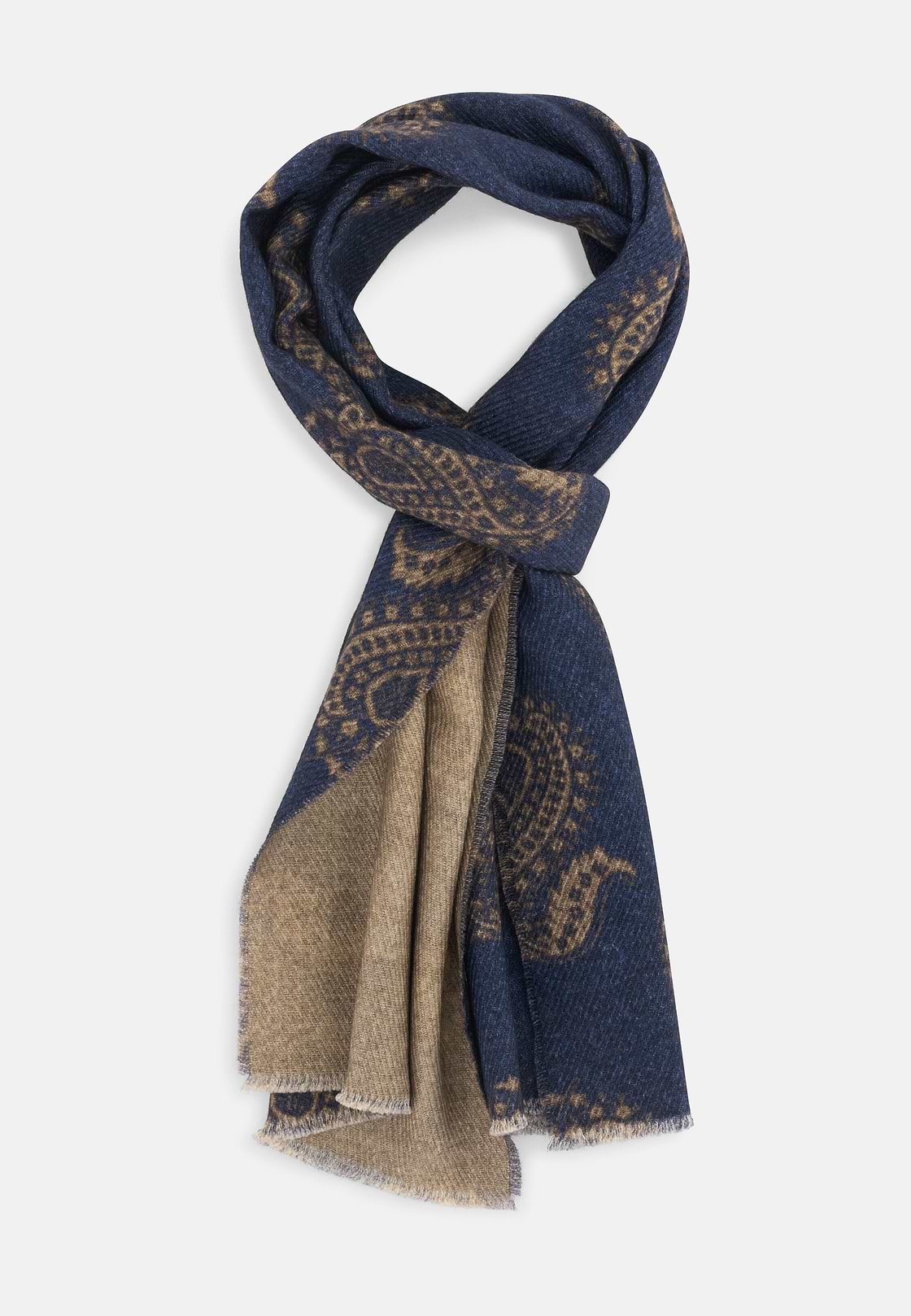 Scarf with Macro Paisley Print in Wool, Blue, hi-res, 2