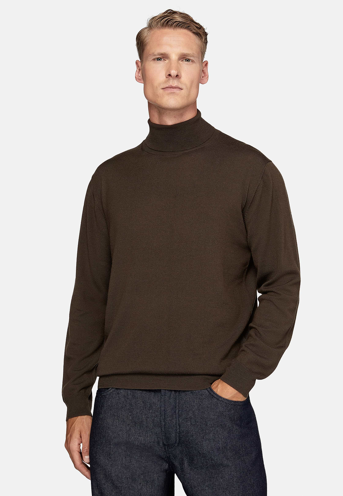 Brown Merino Wool Polo Neck Jumper, Brown, hi-res