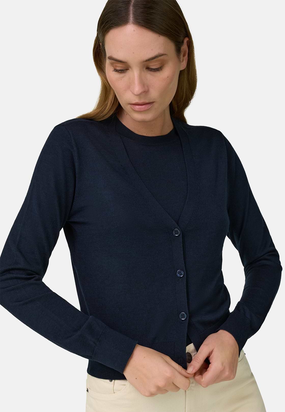 Knitted Cardigan in Superfine Wool and Silk, Navy blue, hi-res, 4