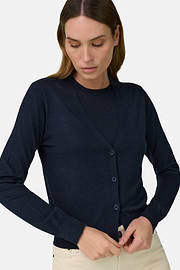 Knitted Cardigan in Superfine Wool and Silk, Navy blue, thumb, 4