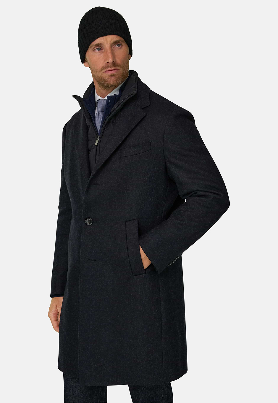 Coat in Wool with Bib, Navy blue, hi-res
