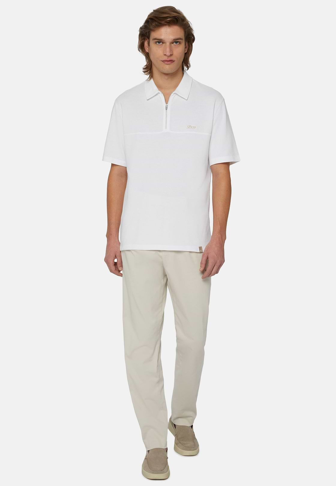 Organic Cotton Blend Piqué Polo Shirt, White, hi-res