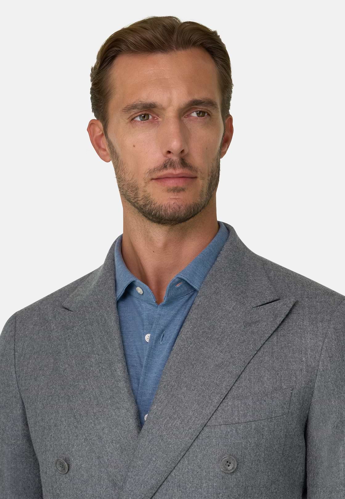 Double-Breasted Wool Flannel Blazer, Grey, hi-res, 3