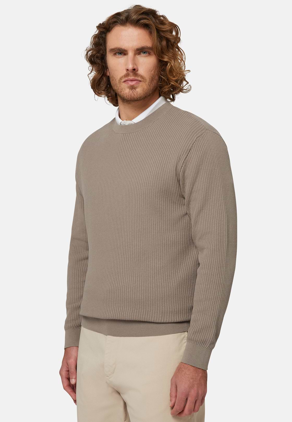 Dove Grey Crew Neck Cotton Jumper, Taupe, hi-res