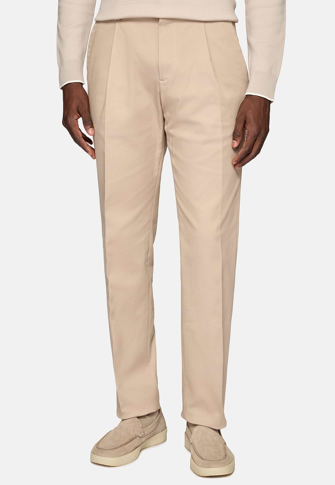 Calças de gabardina de algodão elástico, Beige, hi-res