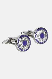 Circular cufflinks with flower, Blue, hi-res