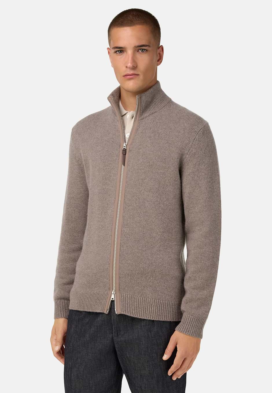 Jersey De Cachemira Con Cremallera, Taupe, hi-res