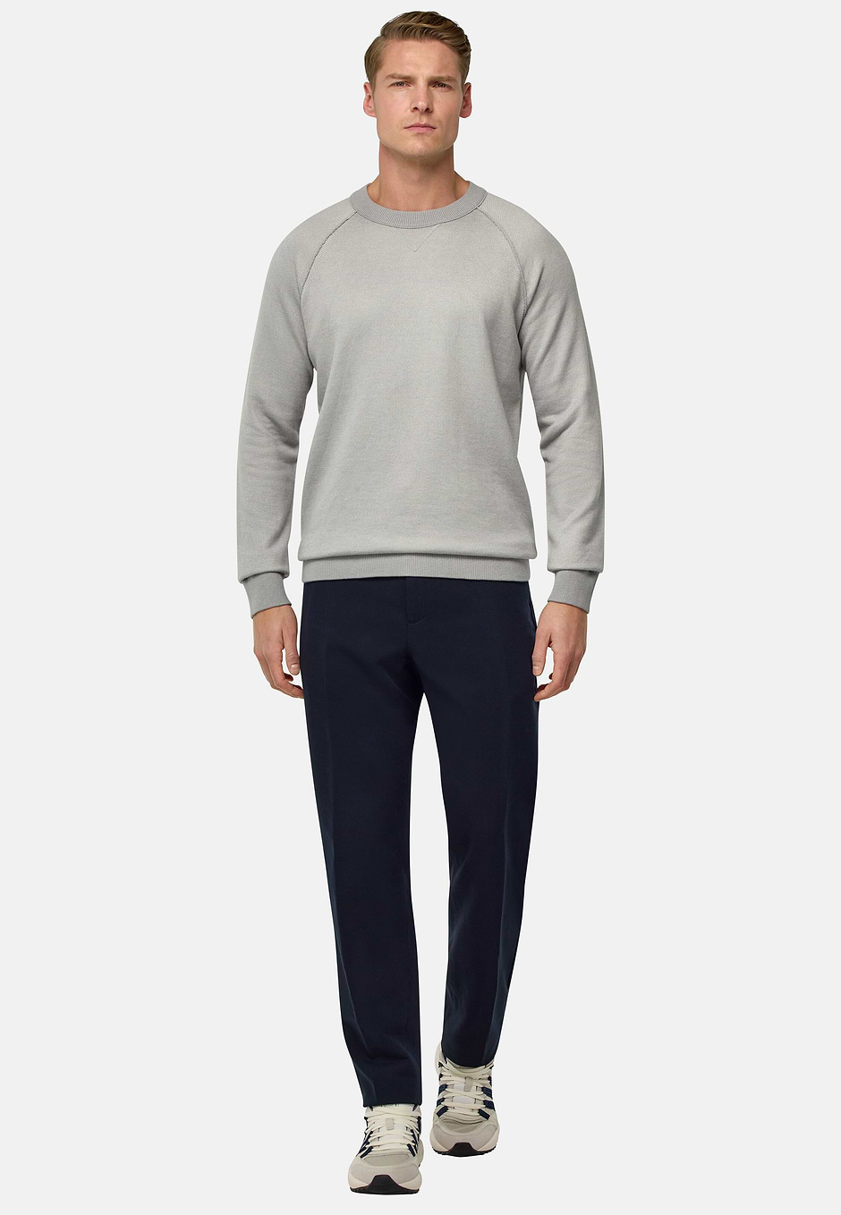 Cotton, Silk and Cashmere Crew Neck Jumper, Grey, hi-res